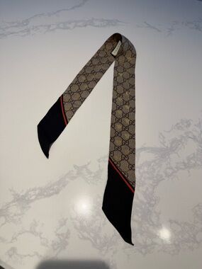 Gucci Beige Monogram Slim Silk Scarf with Black & Red Stripe